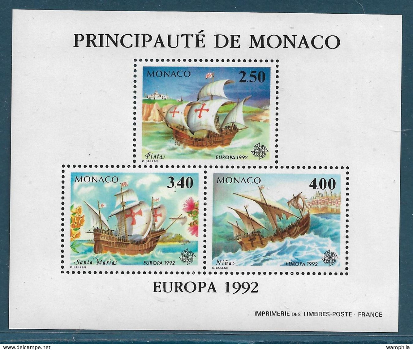 Monaco Bloc Spécial N°19** Timbres 1825/27 Europa 1992, Christophe Colomb. Cote 140€. - Varietà