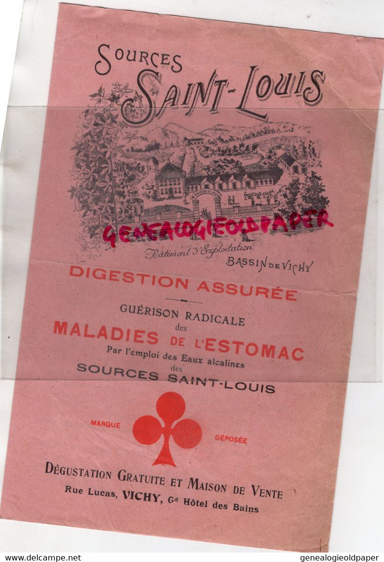 03- VICHY- RARE DEPLIANT PUBLICITAIRE SOURCES ST SAINT LOUIS- EAUX MINERALES-SAINT YORRE -BATIMENT EXPLOITATION 1898 - Food