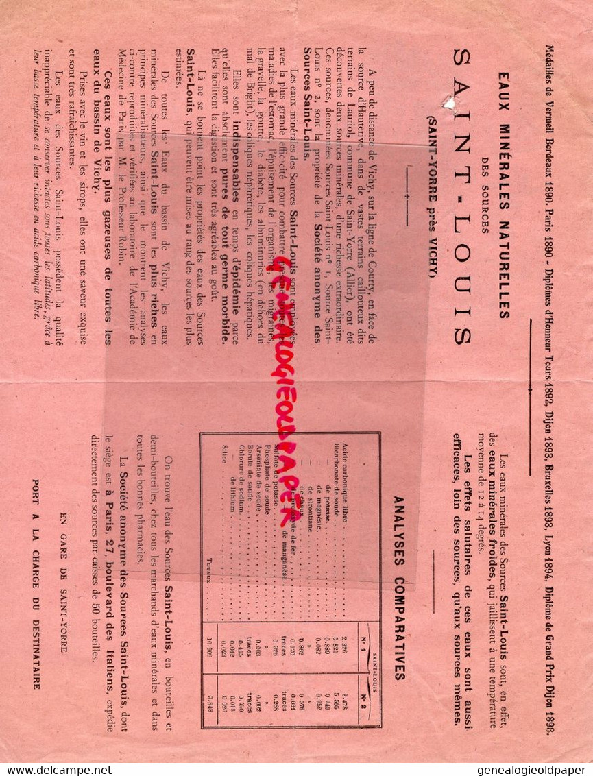 03- VICHY- RARE DEPLIANT PUBLICITAIRE SOURCES ST SAINT LOUIS- EAUX MINERALES-SAINT YORRE -BATIMENT EXPLOITATION 1898 - Lebensmittel