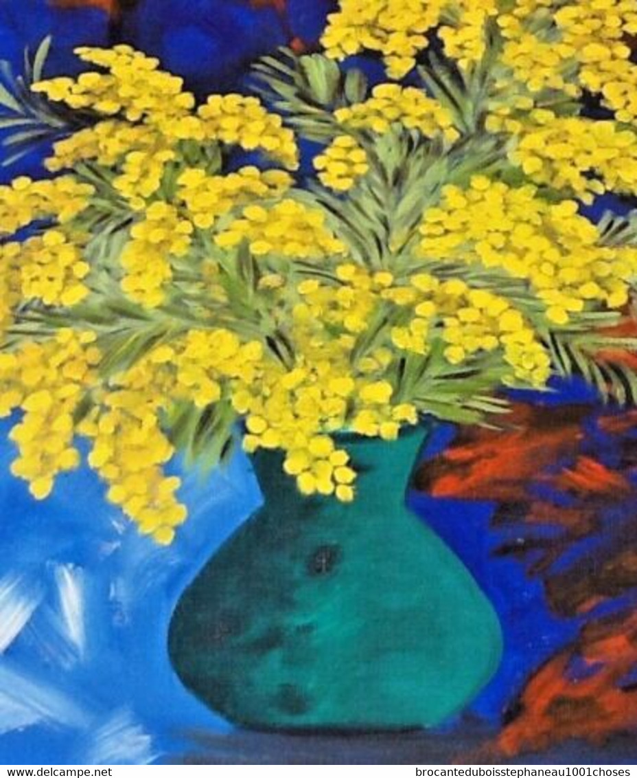 Tableau Huile Sur Toile   Nature Morte   " Bouquet De Mimosa "   Signé TAF - Huiles