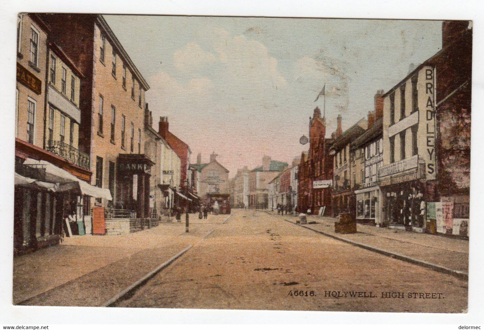 Old Postcard Colored Holywell Wales Flintshire High Street Shop Bradleys - Flintshire