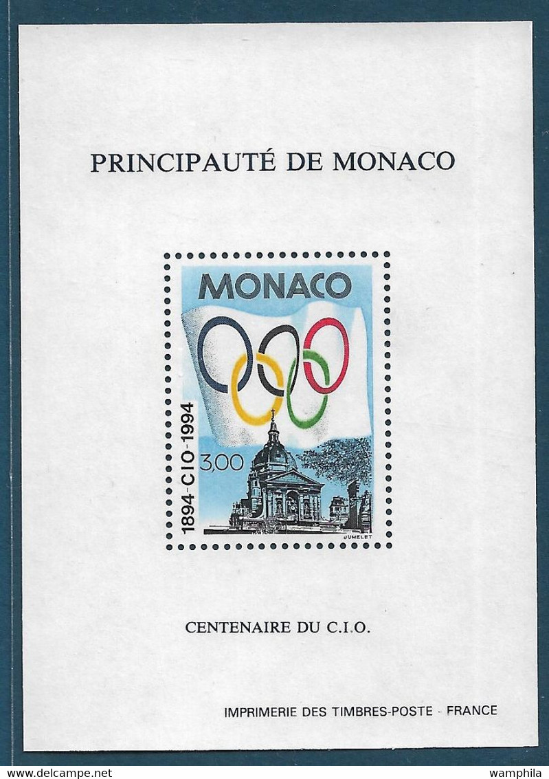 Monaco Bloc Spécial Gommé N°24**, Timbres 1937 Centenaire Du Comité Int. Olympique 1994, Cote 140€. - Varietà