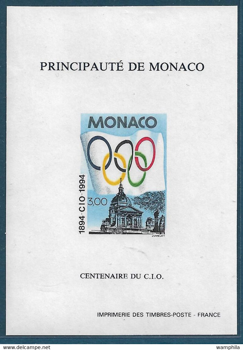 Monaco Bloc Spécial Gommé N°24a**, Non Dentelé (timbres 1937) Centenaire Du Comité Int. Olympique 1994, Cote 200€. - Errors And Oddities