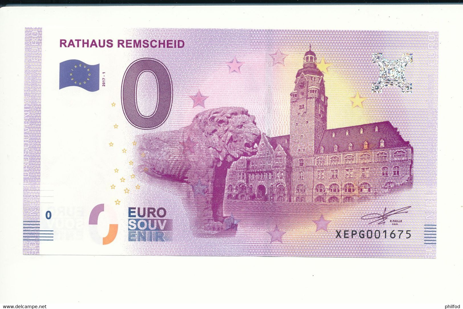 Billet Souvenir - 0 Euro - XEPG - 2017-1 - RATHAUS REMSCHEID - N° 1675 - Kilowaar - Bankbiljetten