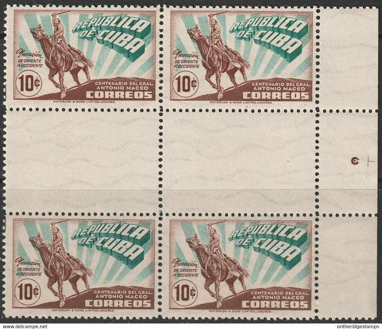 Cuba 1948 Sc 427 Yt 308 Interpanneau Margin Block MNH** - Unused Stamps