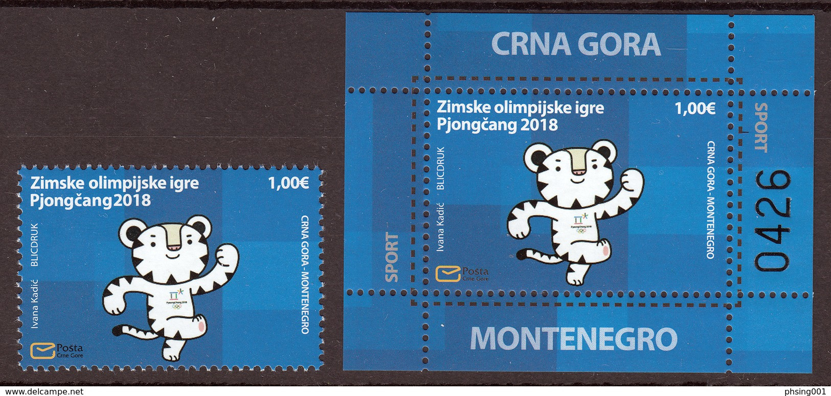 Montenegro 2018 Winter Olympic Games PyeongChang, South Korea, Tiger, Stamp + Block, Souvenir Sheet MNH - Hiver 2018 : Pyeongchang