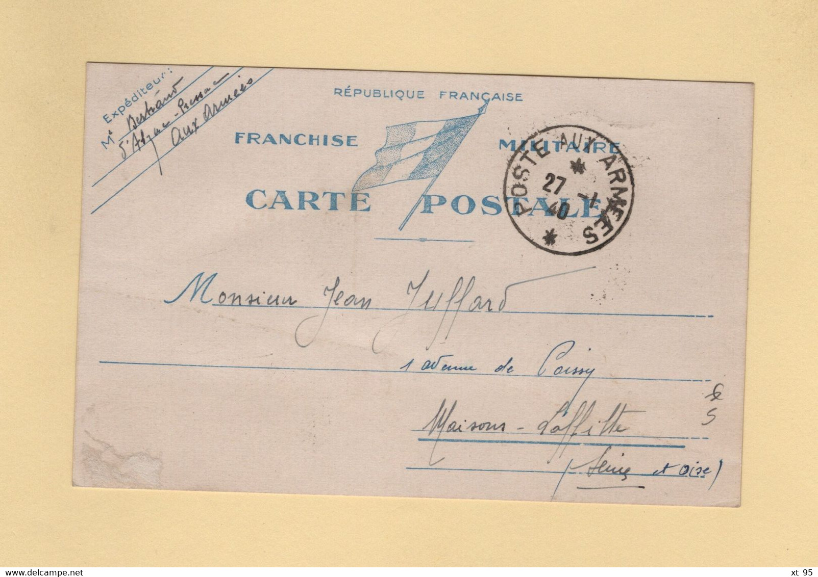 Carte FM - Poste Aux Armees - 27-1-1940 - WW II