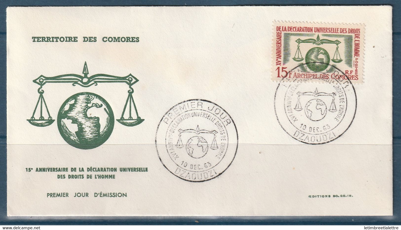 ⭐ Archipel Des Comores - FDC - Premier Jour - Déclaration Universelle Des Droits De L'homme - 1963 ⭐ - Lettres & Documents