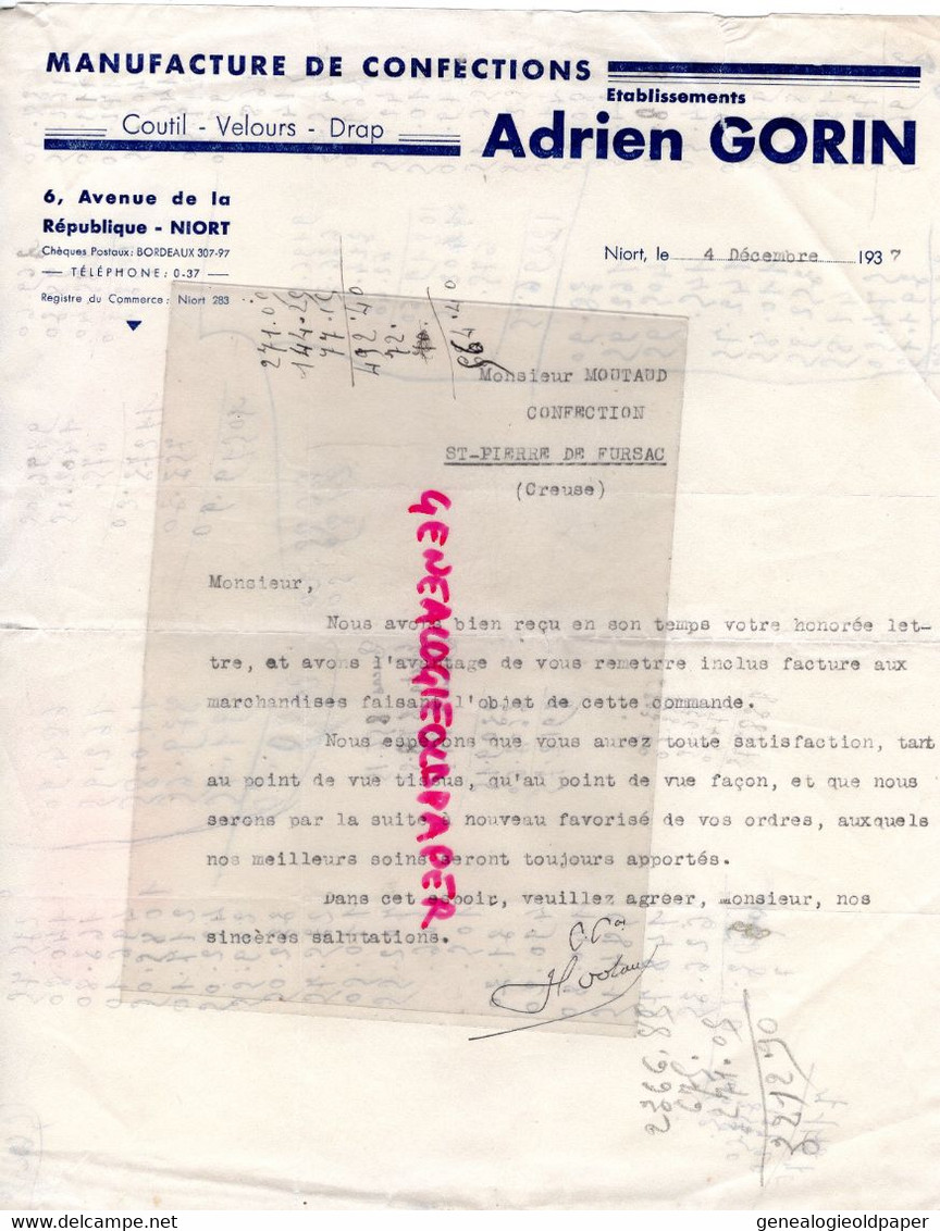 79- NIORT- FACTURE ADRIEN GORIN-MANUFACTURE CONFECTIONS-VELOURS-6 AVENUE REPUBLIQUE-A MOUTAUD SAINT PIERRE FURSAC-1937 - Kleidung & Textil