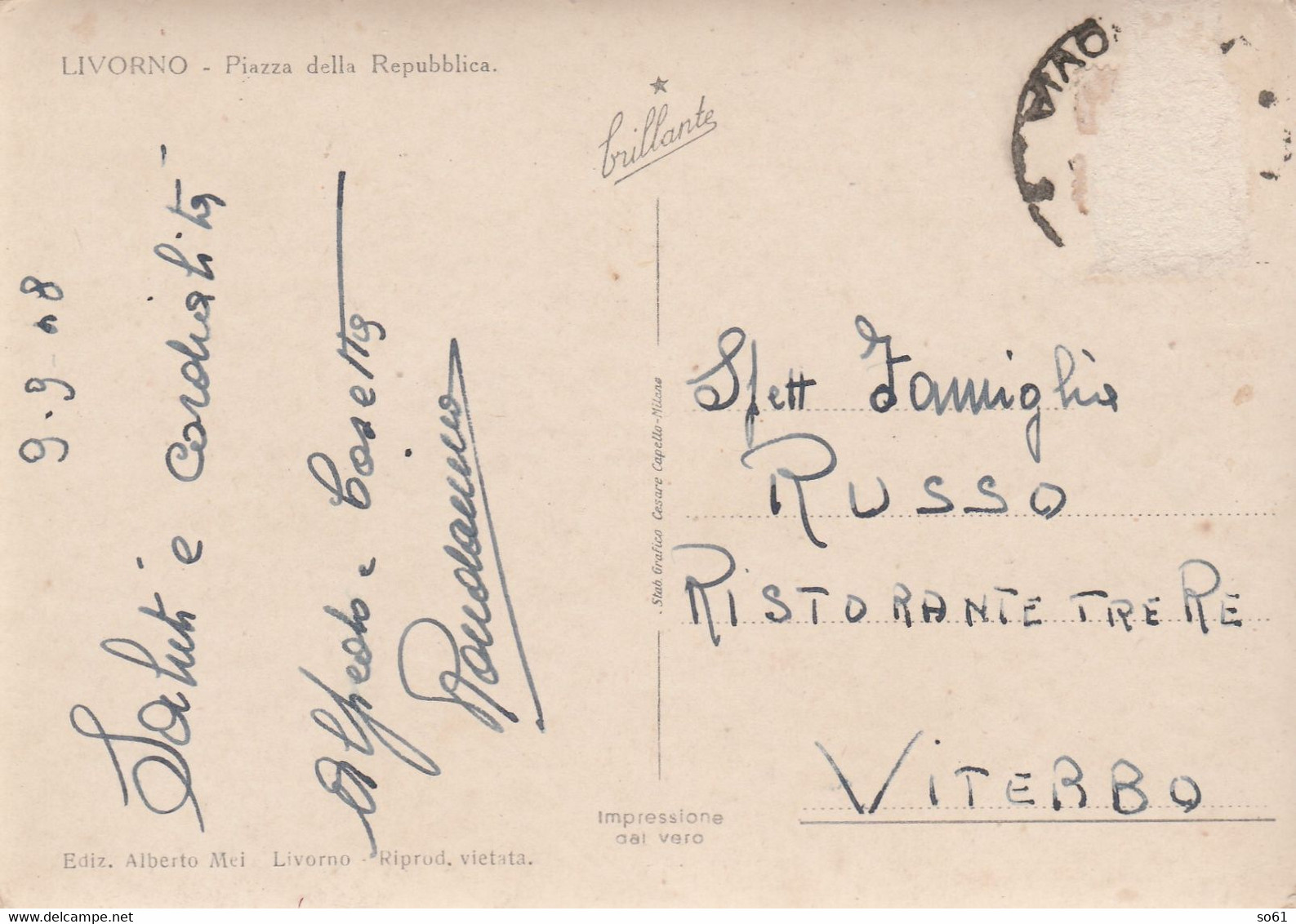 SL562.   Livorno Per Ristorante Tre Re Viterbo - 1948 - FG - Livorno