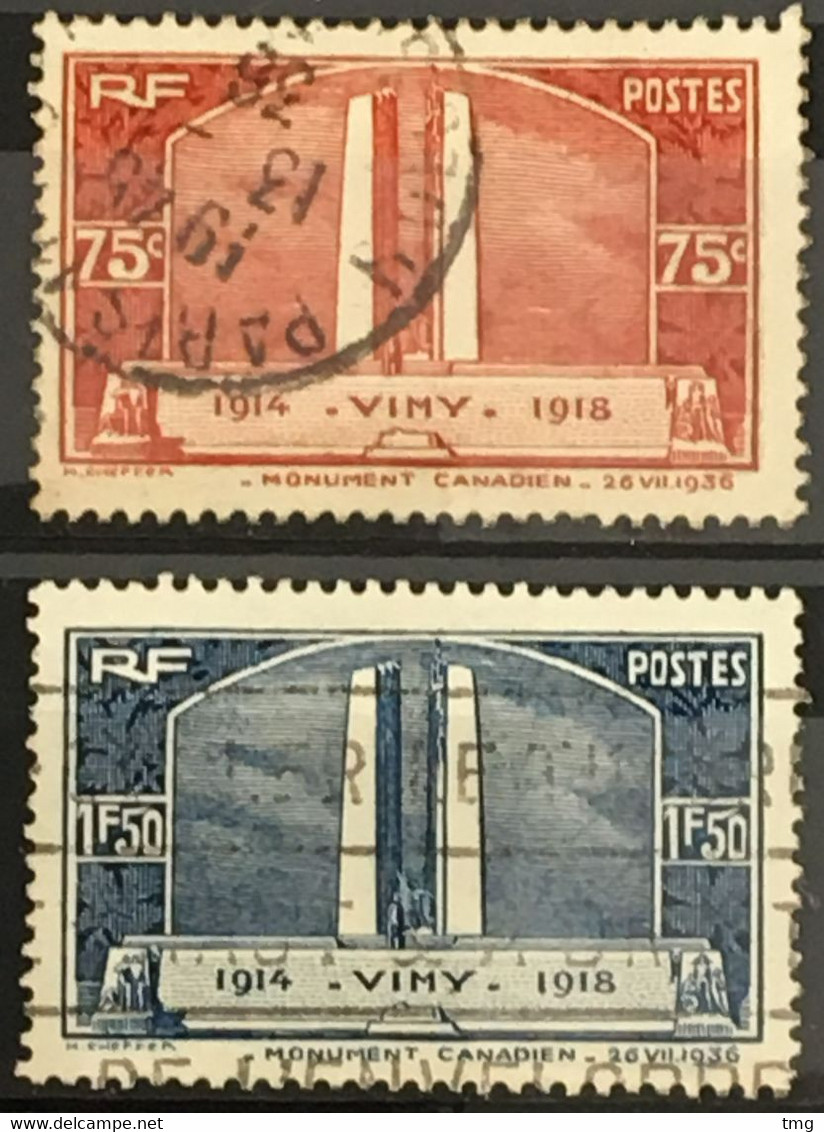 YT 316 317 (°) Obl 1936 Monument De Vimy Canadiens Guerre 1914-1918 (côte 12,5 Euros) France – Bleu2 - Oblitérés