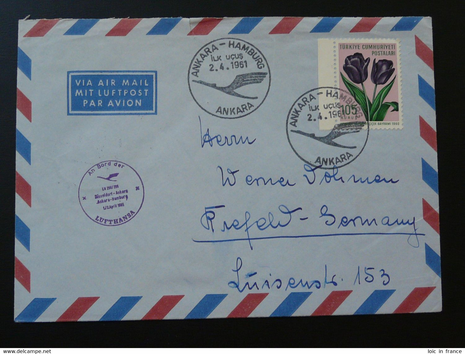 Lettre Premier Vol First Flight Cover Ankara Turkey To Hamburg 1961 Lufthansa 95572 - Briefe U. Dokumente