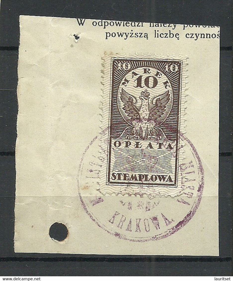 POLEN Poland Ca 1920 Documentary Tax Stempelmarke Revenue Oplata Stemplowa 10 Marek O On Out Cut - Fiscali