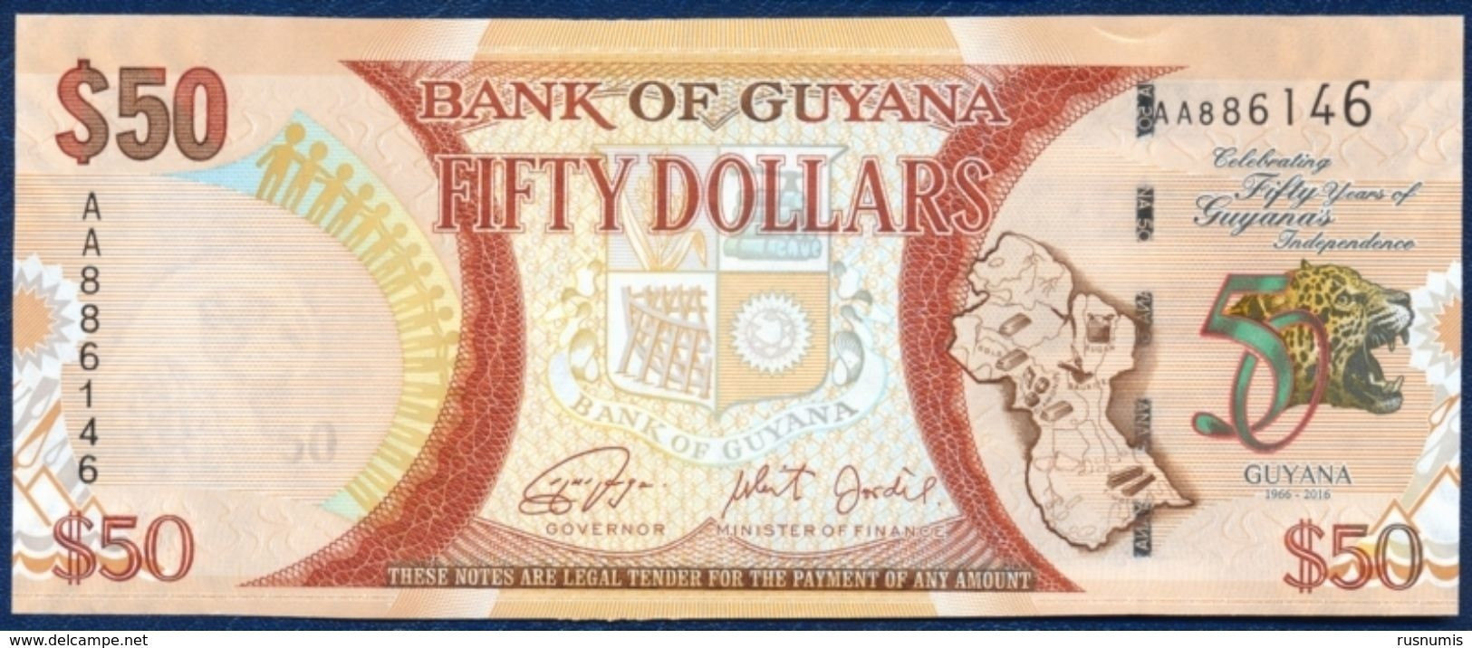 GUYANA 50 DOLLARS P-41 COMMEMORATIVE 50th ANNIVERSARY OF INDEPENDANCE 2016 UNC - Guyana