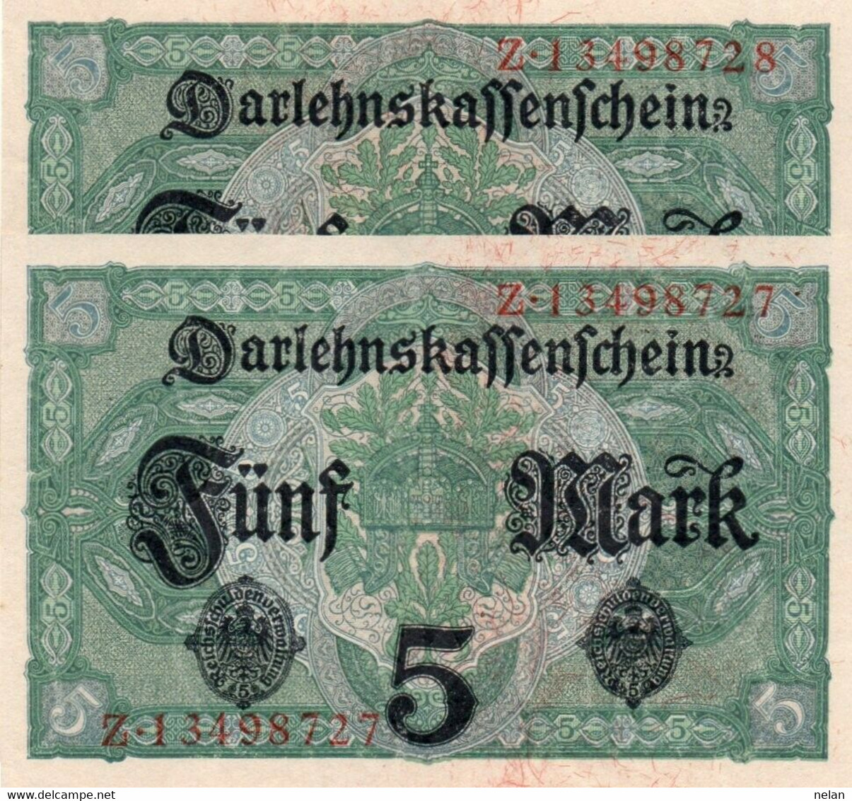 GERMANY- 5 MARK 1917 P-56b  UNC CONSECUTIVE - SERIE Z - 5 Mark