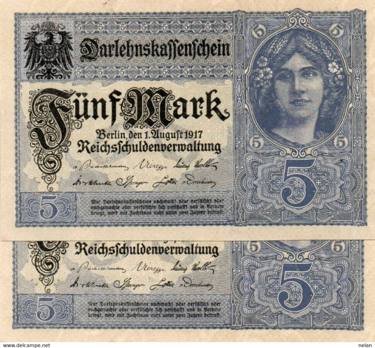 GERMANY- 5 MARK 1917 P-56b  UNC CONSECUTIVE - SERIE Z - 5 Mark