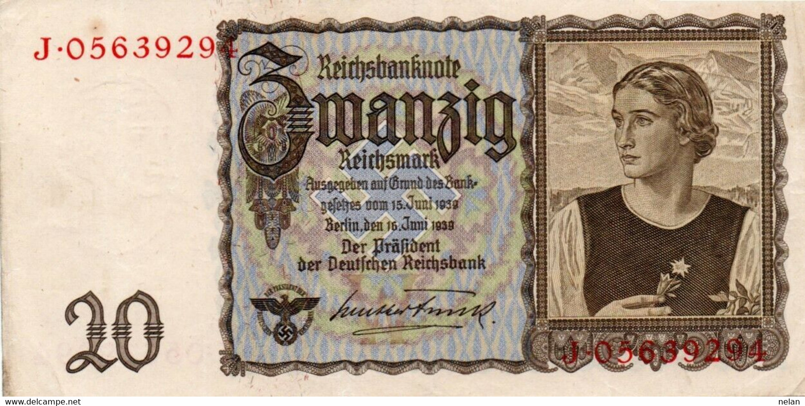 GERMANY - 20 REICHSMARK 1939   - XF+  P-185 - ROS - 178a - 20 Reichsmark