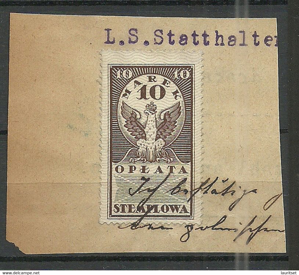 POLEN Poland Ca 1920 Documentary Tax Stempelmarke Revenue Oplata Stemplowa 10 Marek O On Out Cut - Revenue Stamps