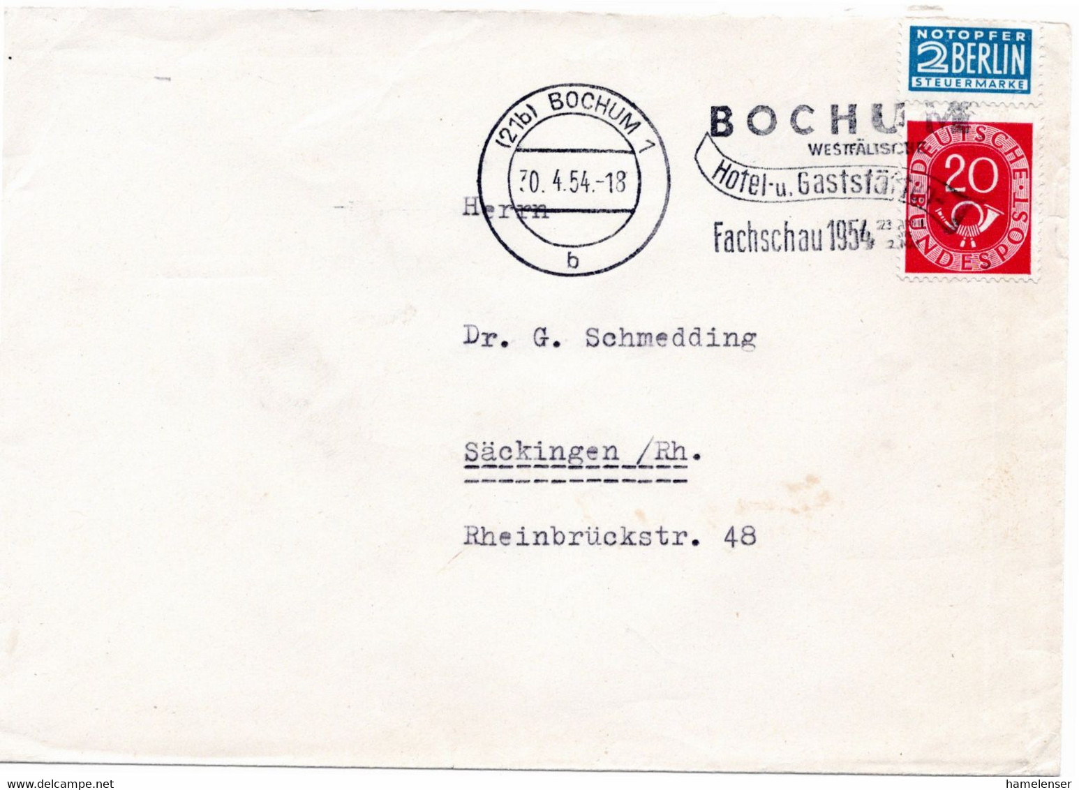 54520 - Bund - 1954 - 20Pfg Posthorn EF A Bf BOCHUM - HOTEL- U. GASTSTAETTEN-FACHSCHAU ... -> Saeckingen - Hôtellerie - Horeca