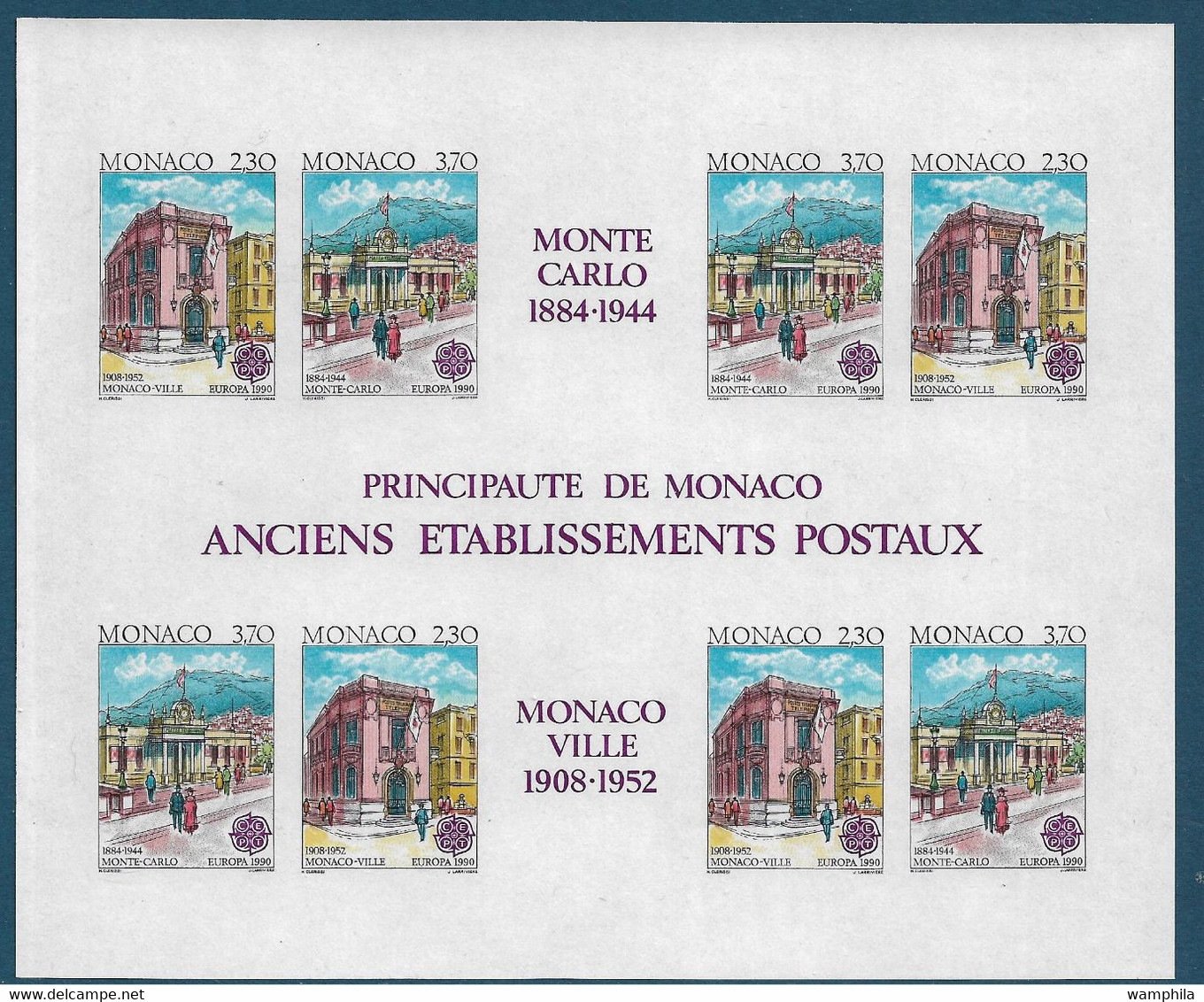 Monaco Bloc Gommé N°49a** Non Dentelé, Europa 1990 , Bâtiments Postaux Cote 270€ - Varietà