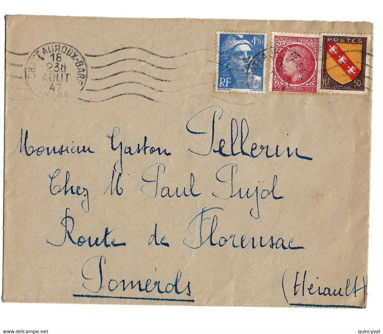 CHATEAUROUX GARE Indre Lettre 4,50 F Gandon 1F Mazelin 50c Lorraine Ob Meca 18 8 1947 Tf 6F - Covers & Documents