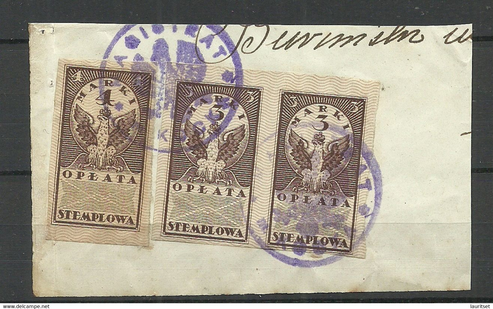 POLEN Poland Ca 1920 - 3 Imperf Documentary Tax Stempelmarken Revenue Oplata Stemplowa 3 Marki O On Out Cut - Fiscaux