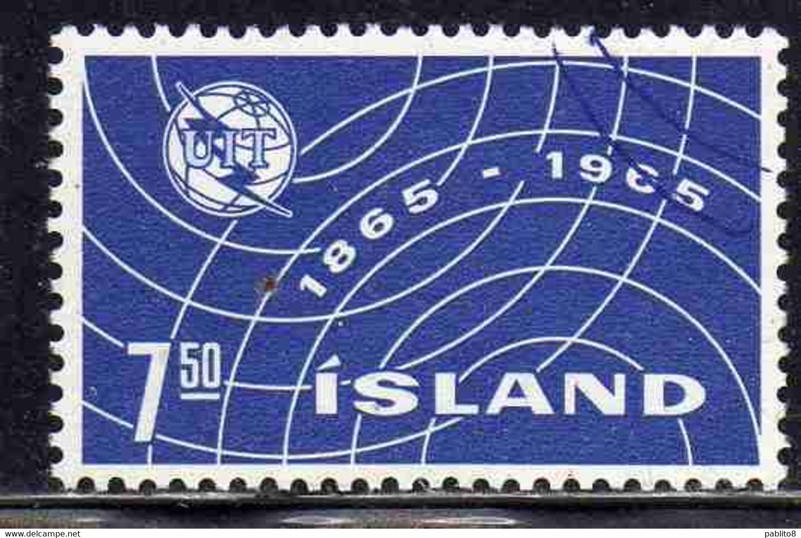 ISLANDA ICELAND ISLANDE ISLAND 1965 ITU EMBLEM UIT CENTENARY 7k USED USATO OBLITERE' - Oblitérés