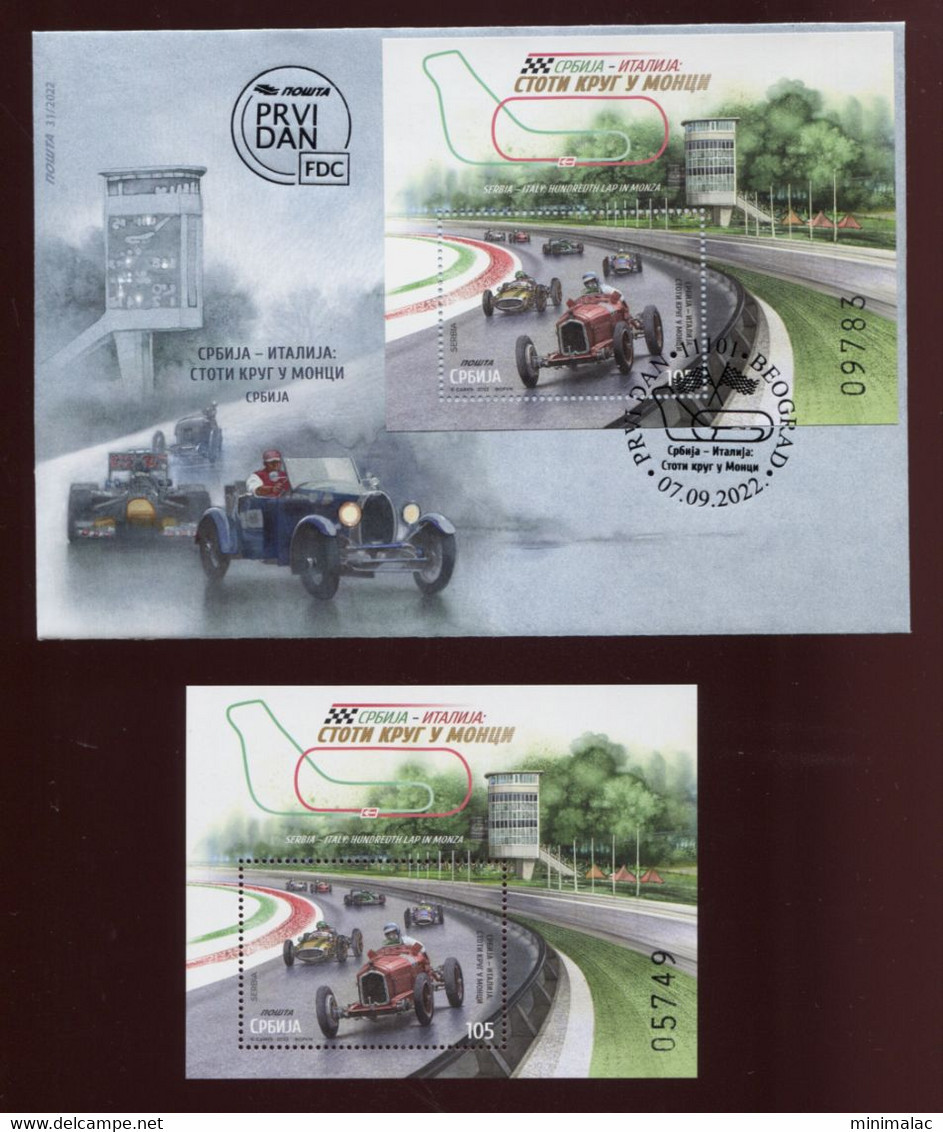 Serbia 2022, Serbia – Italy The 100th Lap In Monza, F1, Car Racing, FDC + Block, MNH - Autos