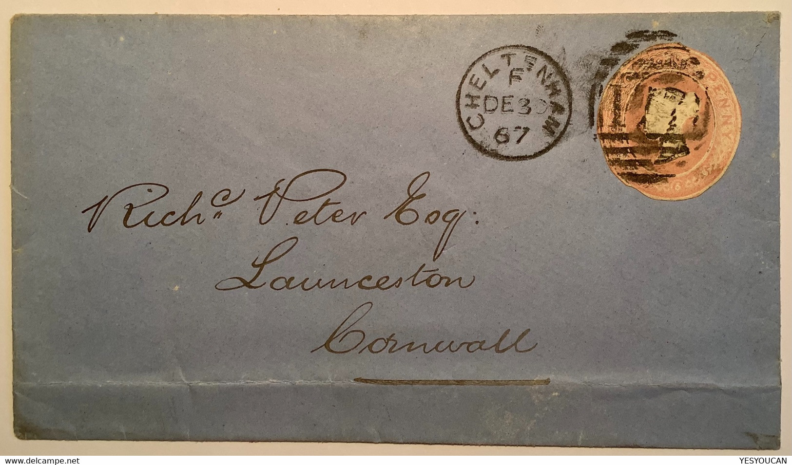 RARE 1867 Queen Victoria 1d Pink Postal Stationery CUT OUT Cover CHELTENHAM Gloucestershire>Launceston Cornwall(college - Stamped Stationery, Airletters & Aerogrammes