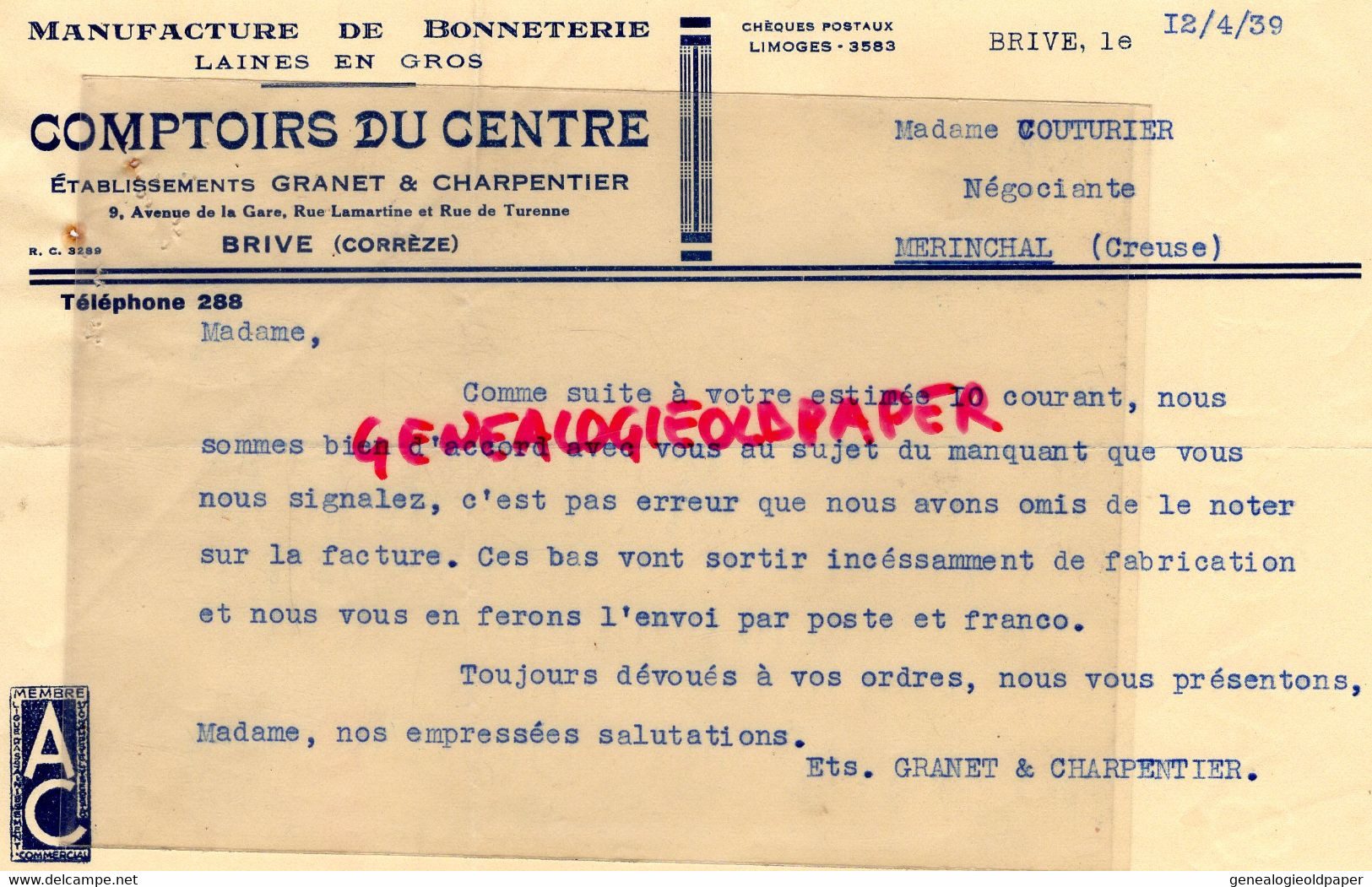 19- BRIVE- LETTRE COMPTOIRS DU CENTRE GRANET CHARPENTIER-MANUFACTURE BONNETERIE- 2 RUE LAMARTINE- 1939 - Textile & Vestimentaire