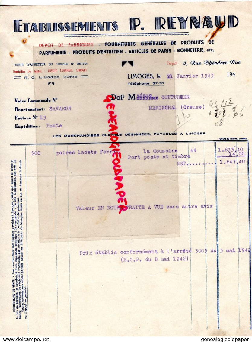 87- LIMOGES- RARE FACTURE P. REYNAUD- FOURNITURES PARFUMERIE BONNETERIE-3 RUE THEODORE BAC-1943 - Perfumería & Droguería