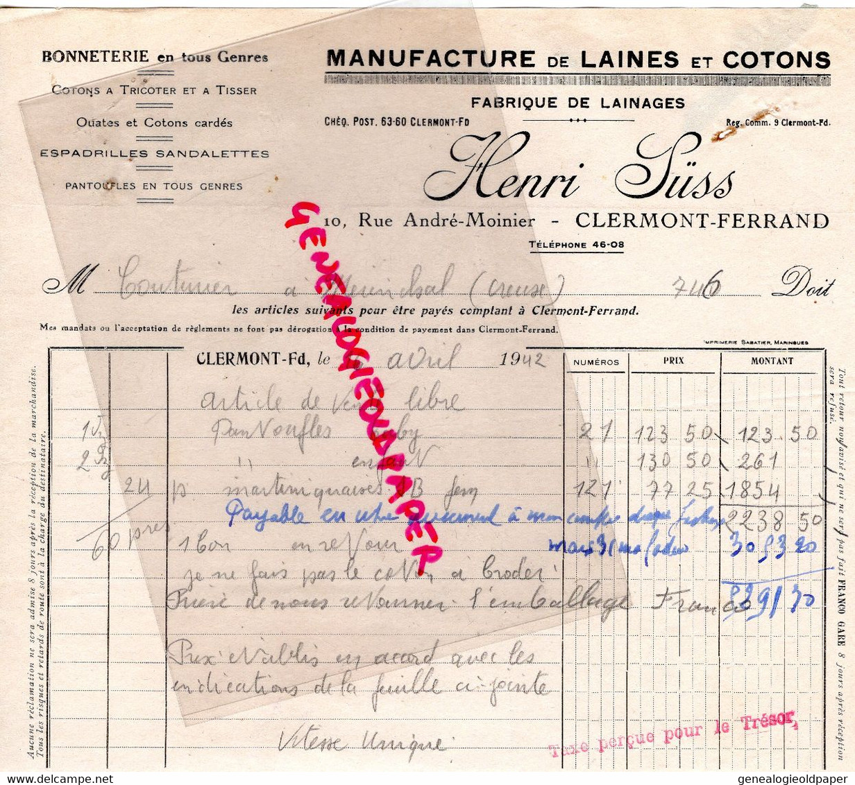 63- CLERMONT FERRAND- FACTURE HENRI SUSS- MANUFACTURE LAINES COTONS-FABRIQUE LAINAGES-10 RUE ANDRE MOINIER-1942 - Kleidung & Textil