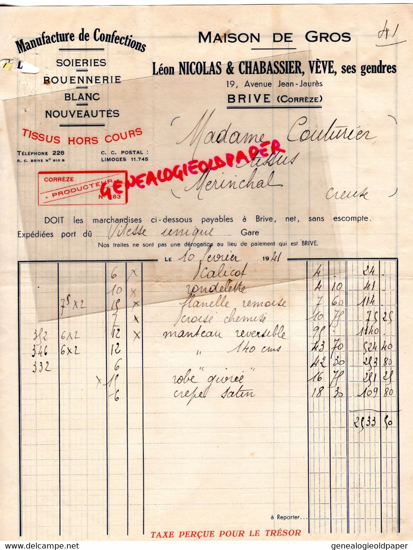 19- BRIVE-RARE FACTURE LEON NICOLAS- CHABASSIER VEVE SES GENDRES- MANUFACTURE CONFECTIONS ROUENNERIE -19 AV. JEAN JAURES - Kleidung & Textil