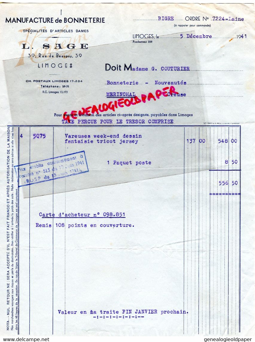 87- LIMOGES- RARE FACTURE L. SAGE- MANUFACTURE BONNETERIE-39 RUE DE BEAUPUY- 1941 - Textile & Clothing
