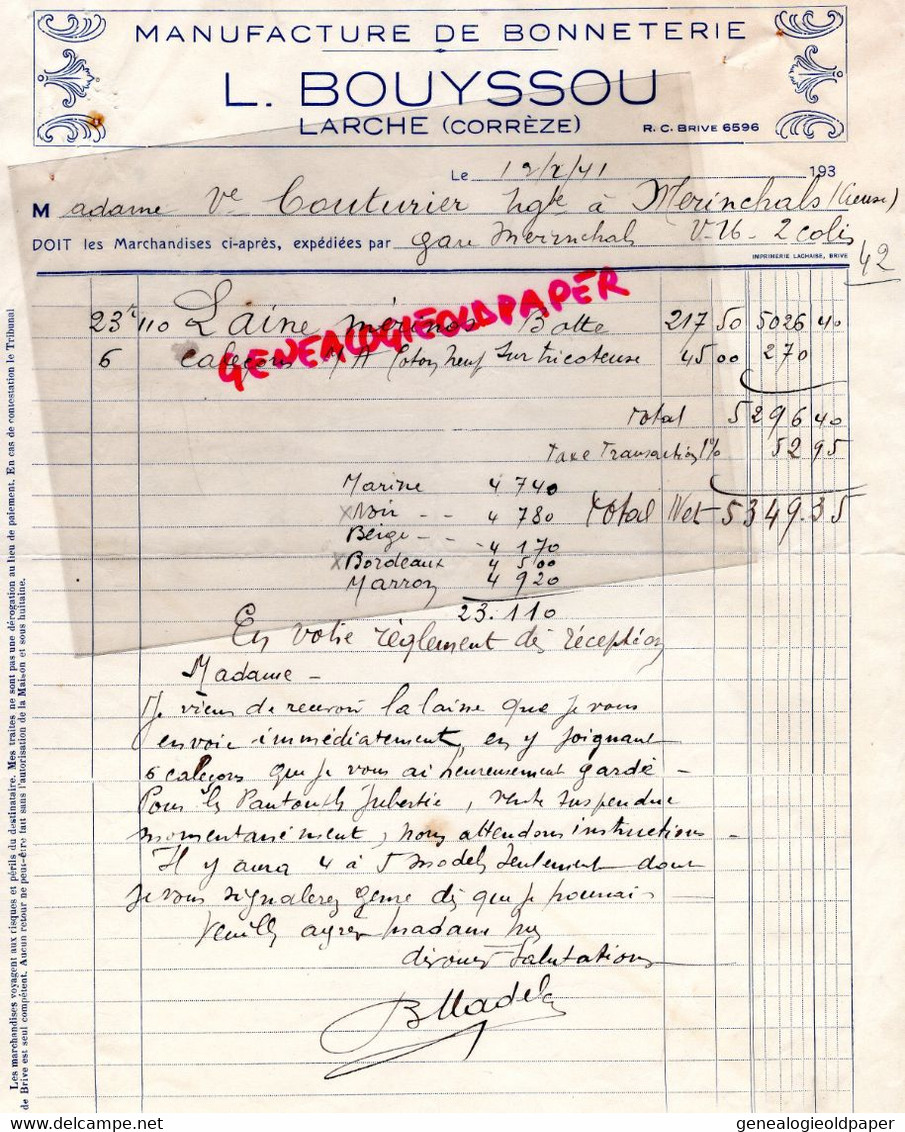 19- LARCHE- RARE FACTURE L. BOUYSSOU- MANUFACTURE BONNETERIE -1941 - Kleidung & Textil