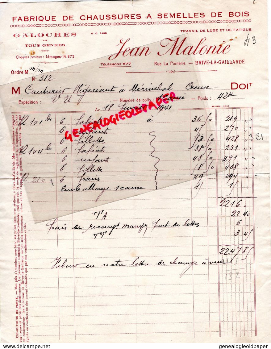 19- BRIVE- RARE FACTURE JEAN MALONIE-FABRIQUE CHAUSSURES SEMELLES DE BOIS-GALOCHES-RUE LA PONTERIE- 1941 - Kleidung & Textil