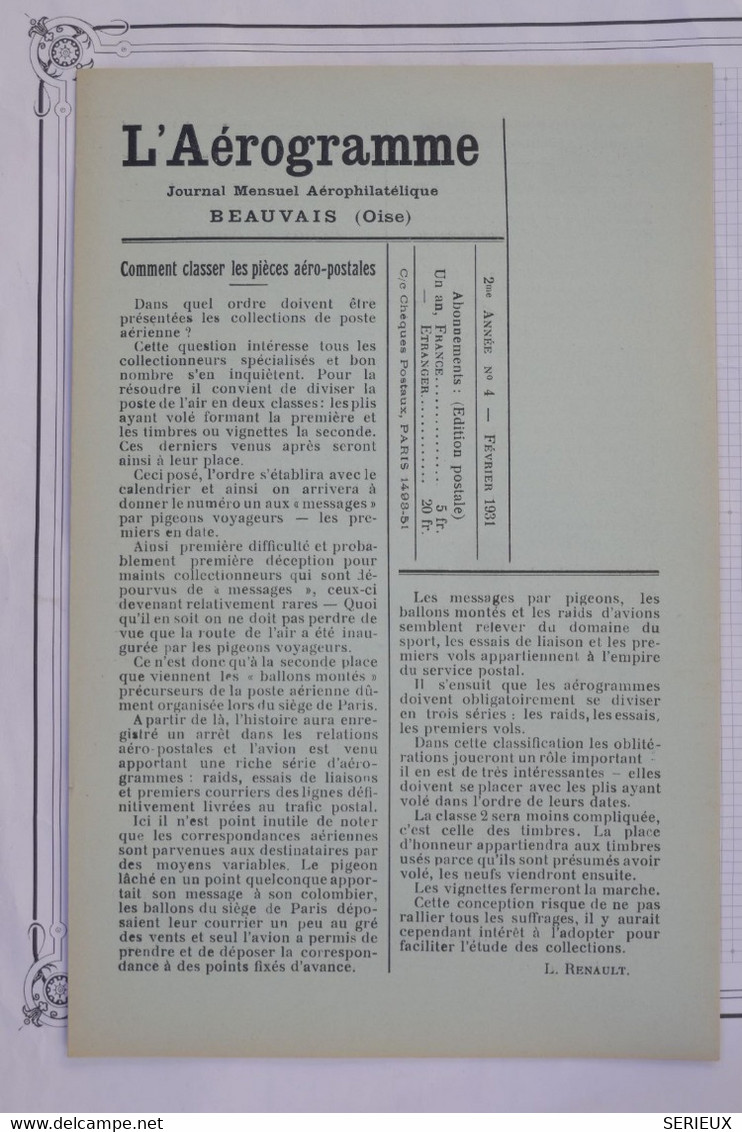 BD12 FRANCE L AEROGRAMME JOURNAL N°4 1931 NEUF++ BEAUVAIS +++INTERESSANT A LIRE ++++++AEROPHILATELIE - 1927-1959 Covers & Documents