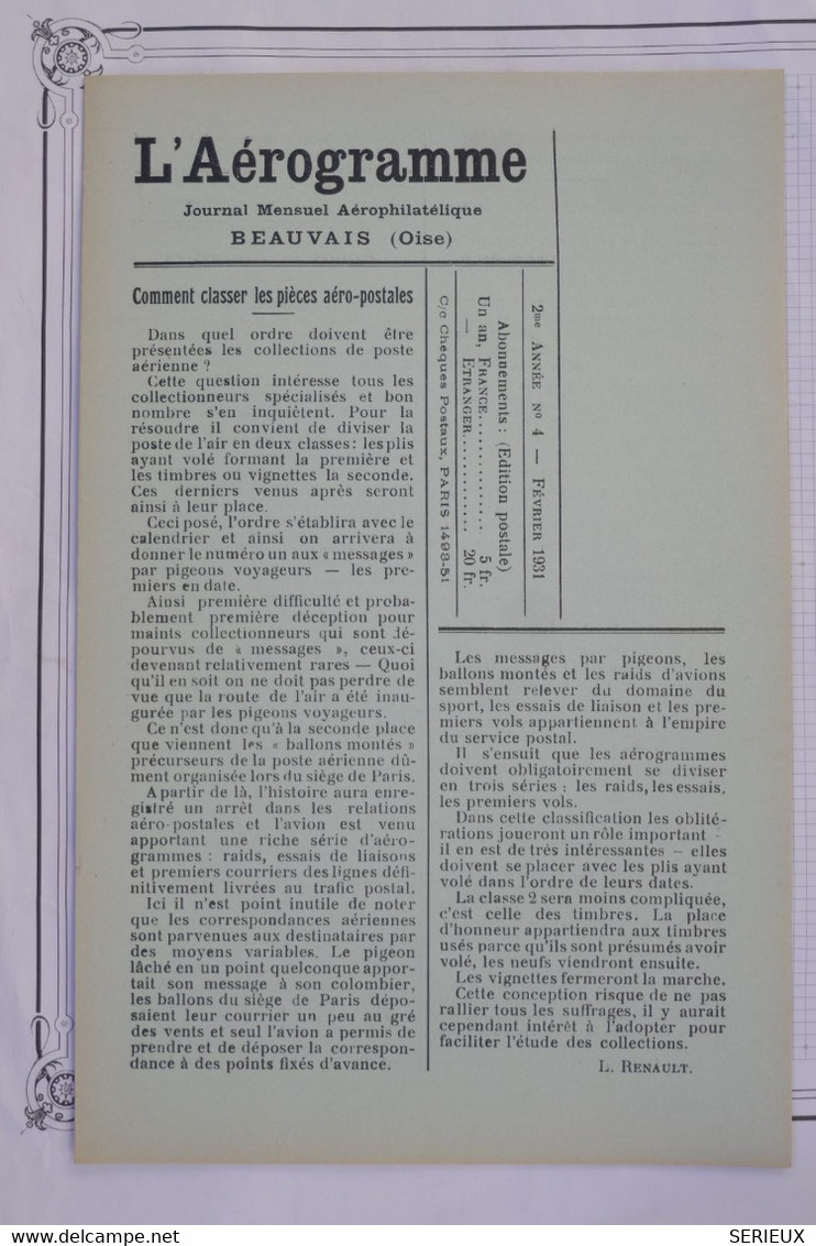 BD12 FRANCE L AEROGRAMME JOURNAL N°4 1931 NEUF++ BEAUVAIS +++INTERESSANT A LIRE ++++++AEROPHILATELIE - 1927-1959 Lettres & Documents