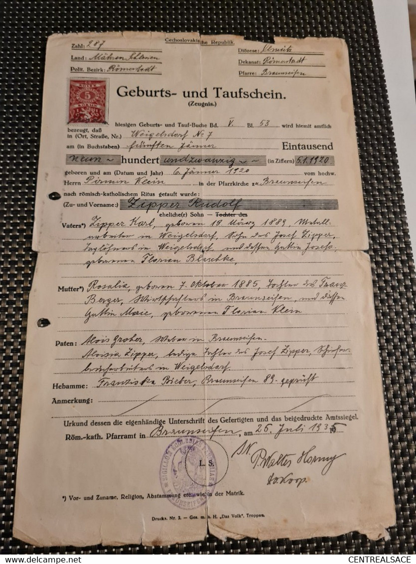 Timbre Tchécoslovaquie  Fiscal Marken Geburts Tauf Schein  Weigelsdorf 1935 Généalogie  ZIPPER BLESCHKE KLEIN - Timbres De Service
