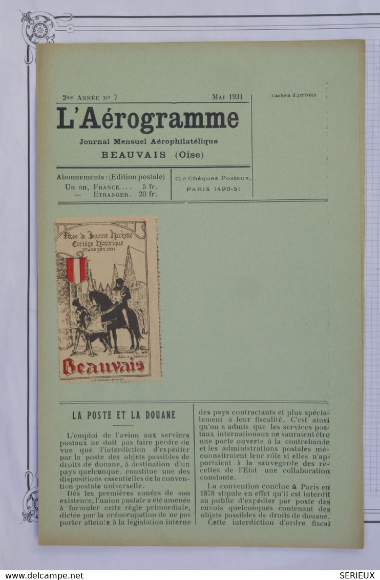 BD12 FRANCE L AEROGRAMME JOURNAL N°7  MAI 1931 NEUF+++VIGNETTE DE BEAUVAIS ++INTERESSANT A LIRE +++AERIEN++ - 1927-1959 Lettres & Documents