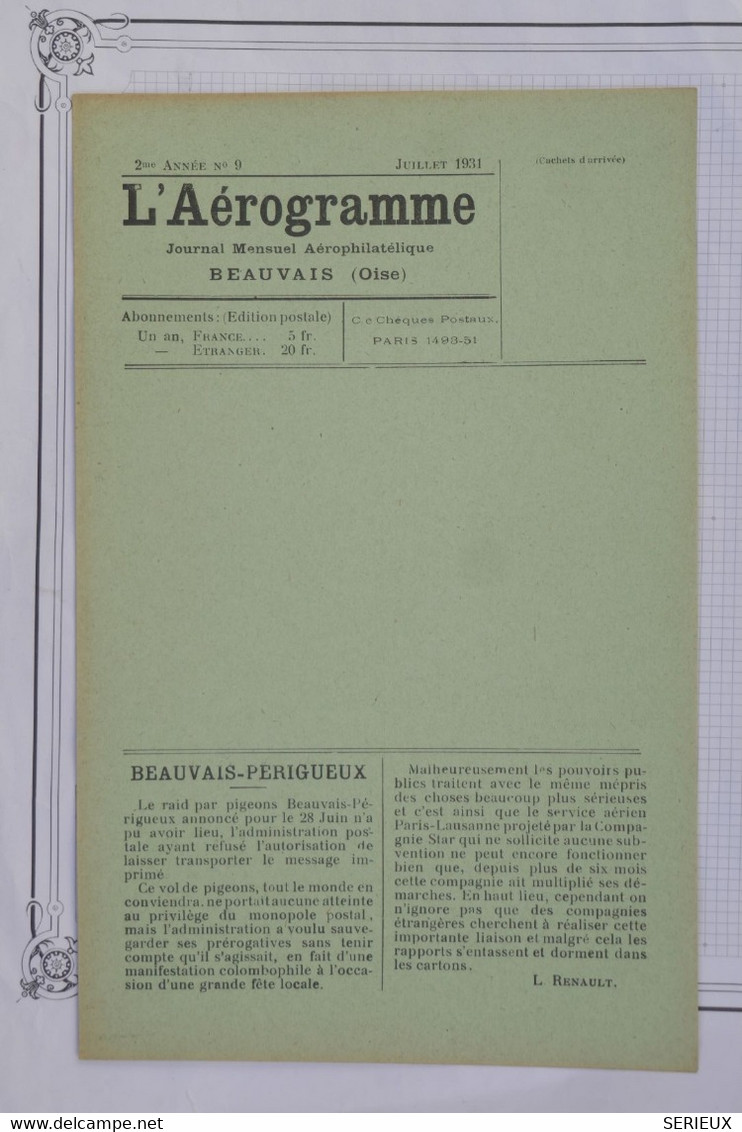 BD12 FRANCE L AEROGRAMME JOURNAL N°9 JUILLET  1931 NEUF+++ ++INTERESSANT A LIRE +++AEROPHILATELIE - 1927-1959 Lettres & Documents