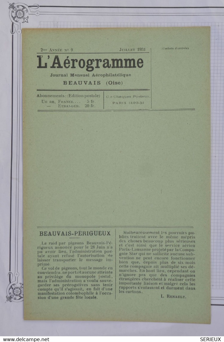 BD12 FRANCE L AEROGRAMME JOURNAL N°9 JUILLET  1931 NEUF+++ ++INTERESSANT A LIRE +++AEROPHILATELIE - 1927-1959 Covers & Documents