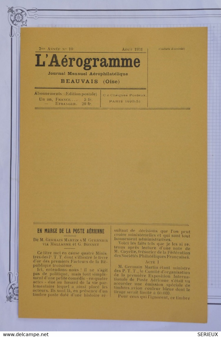 BD12 FRANCE L AEROGRAMME JOURNAL N°10 PAPIER JAUNE +++JUILLET  1931 NEUF+++ ++INTERESSANT A LIRE +++AEROPHILATELIE - 1927-1959 Covers & Documents