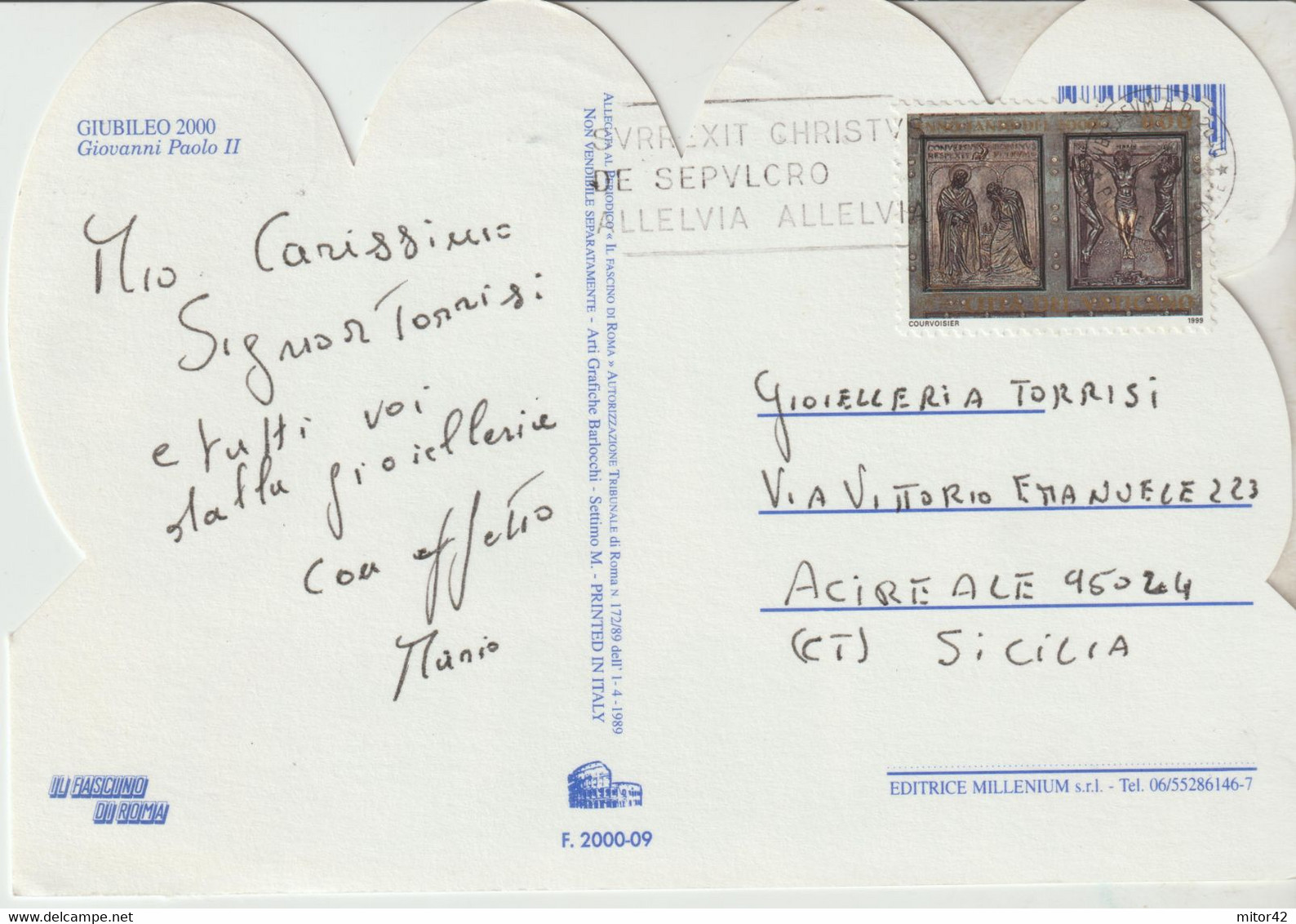 34-Vaticano-Storia Postale-L.800 Anno Santo Del 2000 Su Cartolina Giubileo-Annullo Targhetta X Acireale-Catania - Briefe U. Dokumente