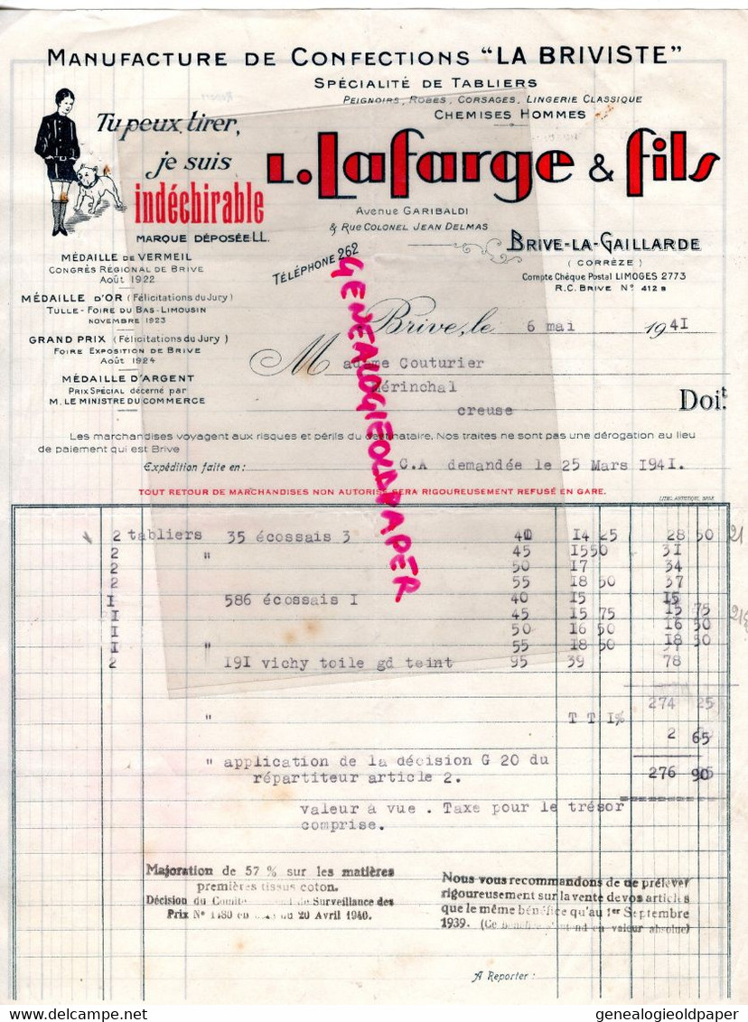 19 -BRIVE-MANUFACTURE CONFECTIONS E.L.V. LA BRIVISTE- ETS LAFARGE FILS-  AVENUE GARIBALDI -RUE COLONEL JEAN DELMAS-1941 - Textile & Clothing