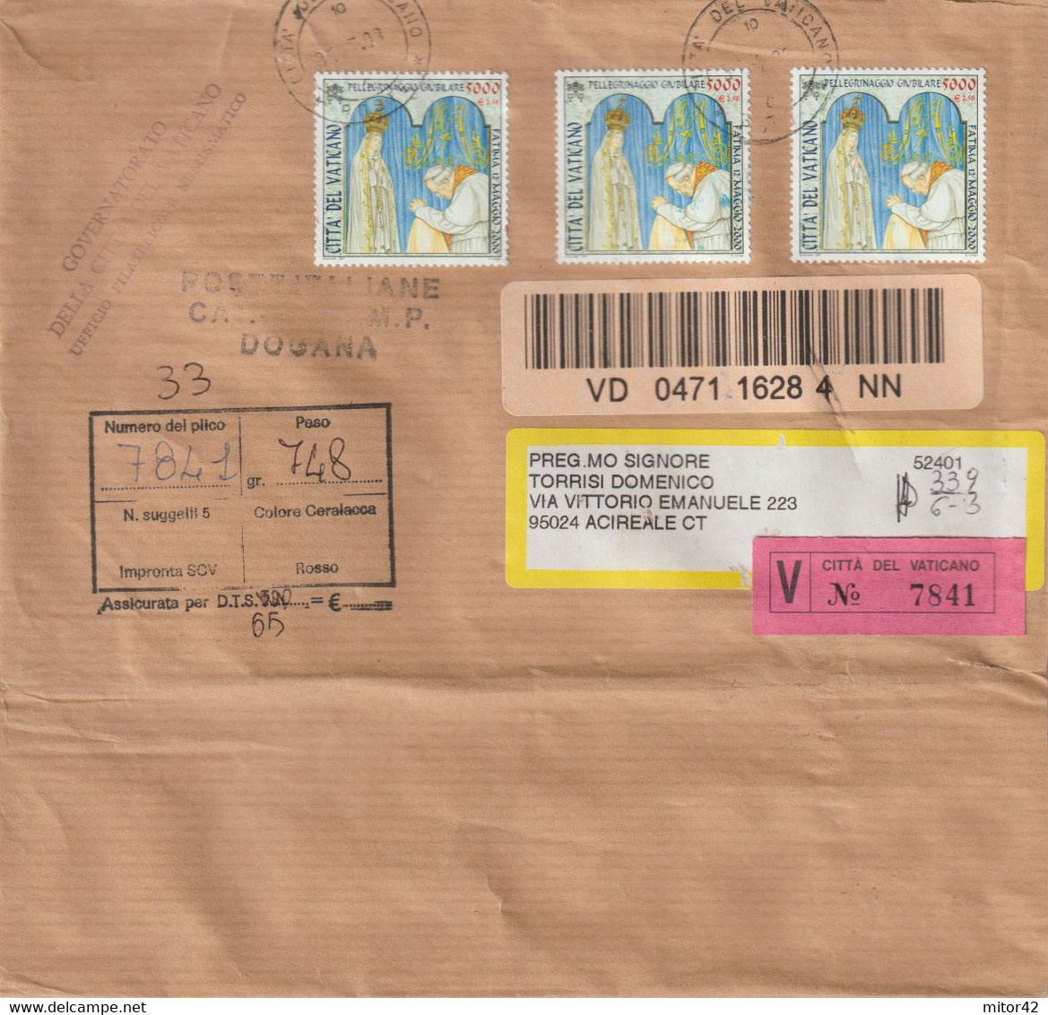 38-Vaticano-Storia Postale-Pellegrinaggio Giubilare-L.5000 X 3 Su Busta Assicurata - Cartas & Documentos