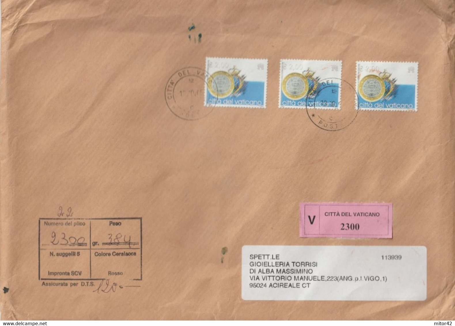 39-Vaticano-Storia Postale-E.2,00 X 3 Monete  Su Busta Assicurata X Acireale - Briefe U. Dokumente