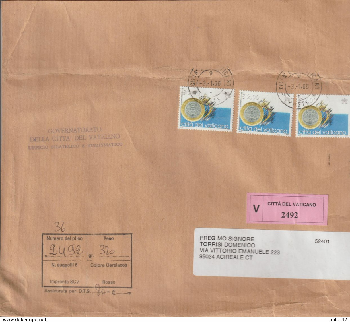 41-Vaticano-Storia Postale-E.2,00 X 3 Monete  Su Busta Assicurata X Acireale - Lettres & Documents
