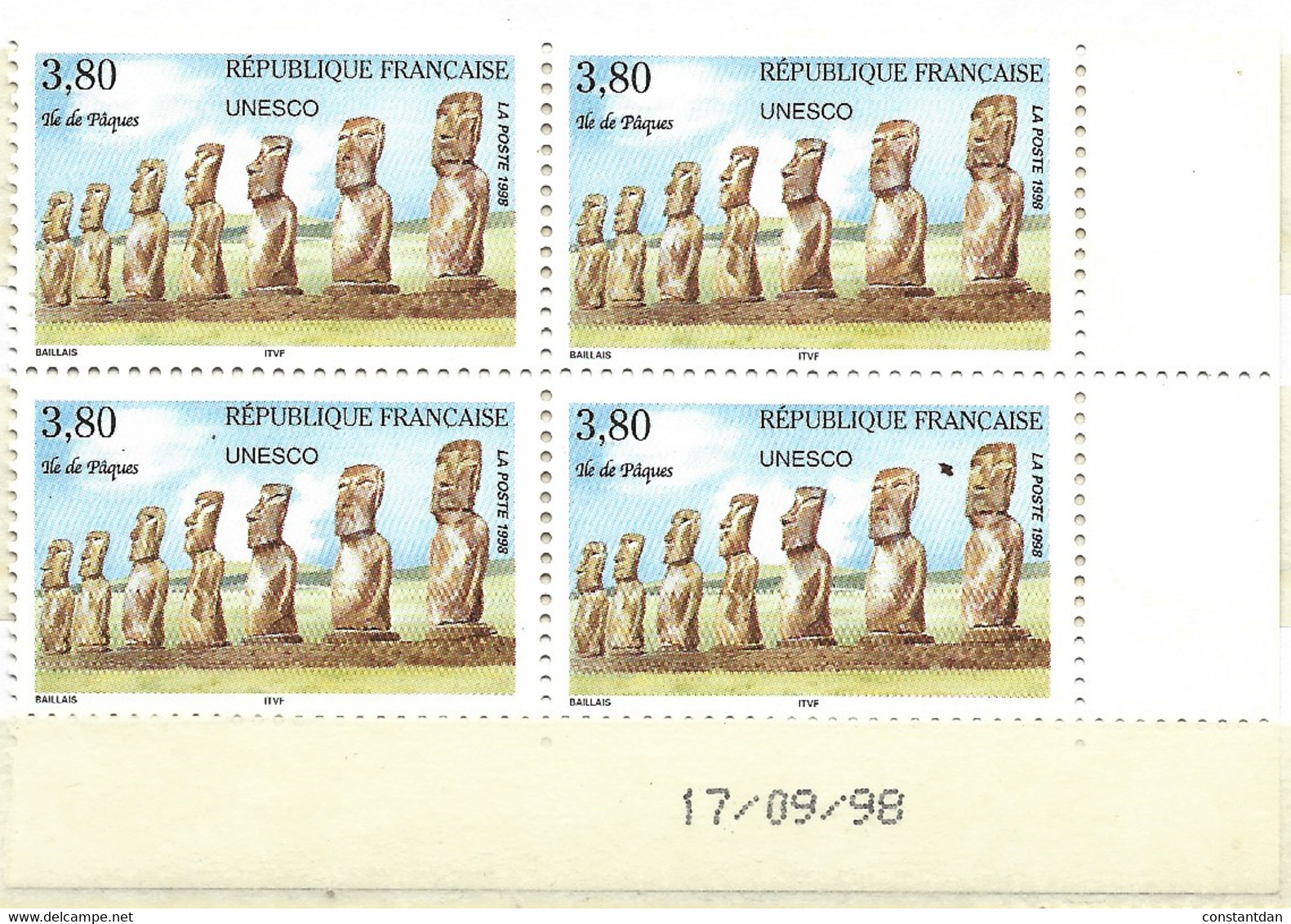 FRANCE UNESCO N° 119 3.80 MULTICOLORE ILE DE PAQUE COIN DATE DU 17.9.1998 NEUF SANS CHARNIERE - 1990-1999