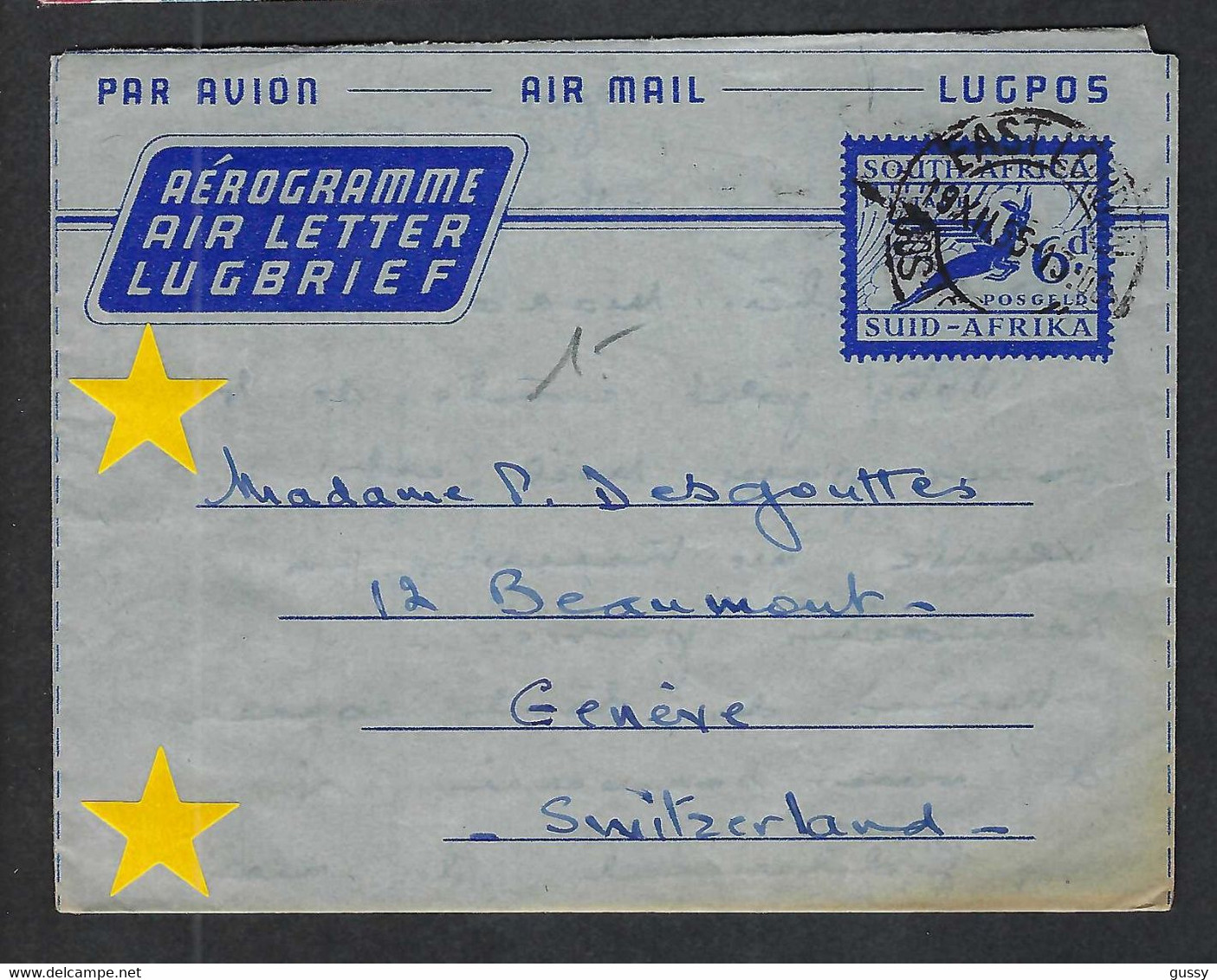 AFRIQUE DU SUD P.A. 1955: Aérogramme De East London  Pour Genève (Suisse) Affr. De 6p - Airmail